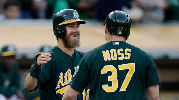 Moss homers twice to power A's past Yanks