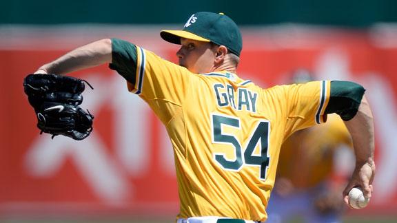 A's Gray strikes out 9 for first MLB victory