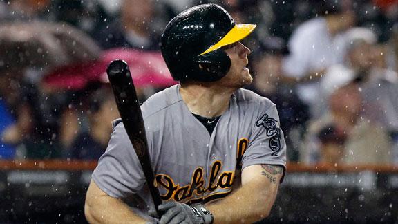 Moss, A's get rain-shortened win over Tigers