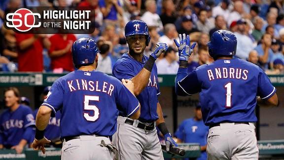 Rangers snap skid, tie Rays atop wild card