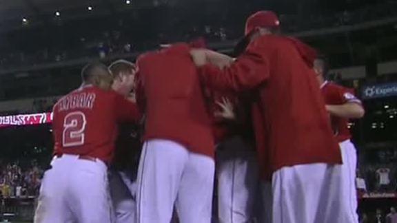 Angels' Cowgill drops A's with homer in 14th