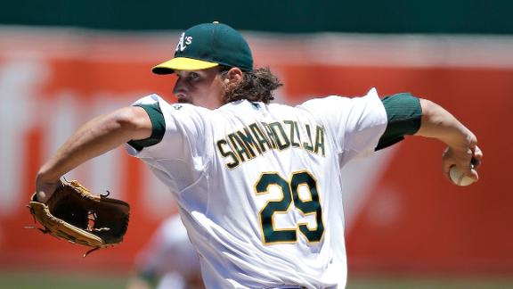 Samardzija stymies Jays to win in A's debut