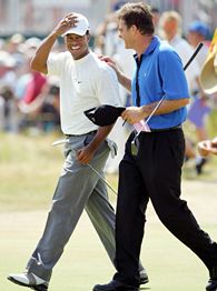 Tiger Woods, left, and Faldo