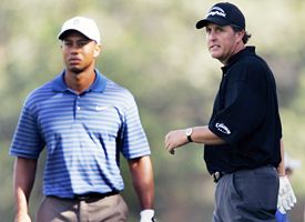 Phil Mickelson, right, and Tiger Woods