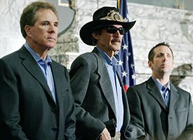 Darrell Waltrip, left, Richard Petty, center, and current driver Greg Biffle