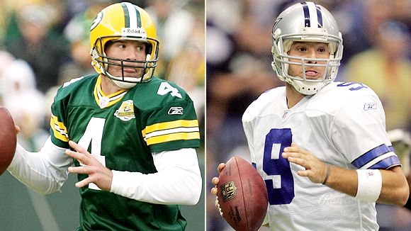Green Bay quarterback Brett Favre, left, says Dalals QB Tony Romo reminds him a lot of himself.