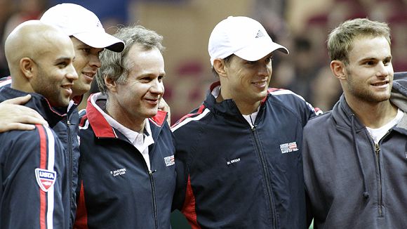 James Blake, Bob Bryan, captain Patrick McEnroe, Mike Bryan and Andy Roddick