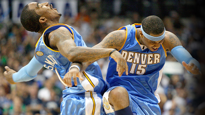 J.R. Smith (left) and Carmelo Anthony (right) celebrate just as many Nuggets 