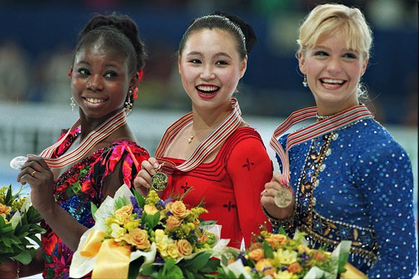 China's Lu Chen center won gold and France's Surya Bonaly took silver