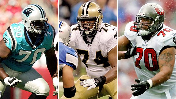 Carolina OL Travelle Wharton, Saints OT Jermon Bushrod, and Bucs OT Donald Penn
