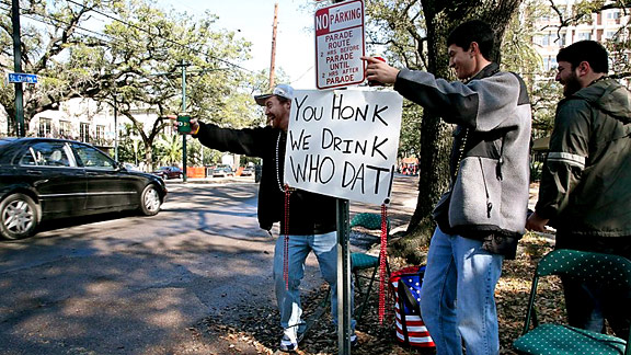 Saints fans holding sign- New Orleans, LA Super Bowl Sunday 2010