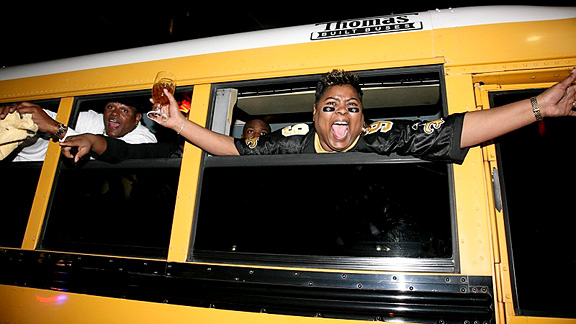 Saints Fans (post-win) woman on bus, New Orleans, LA- Super Bowl XLIV