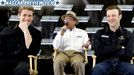 Drivers Carl Edwards, left, and Matt Kenseth, right, and team owner Jack Roush