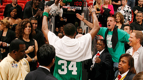 Issac Baldizon/NBAE/Getty Images Paul Pierce leaves the court with arms in 