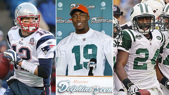 Tom Brady, Brandon Marshall and Darrelle Revis 
