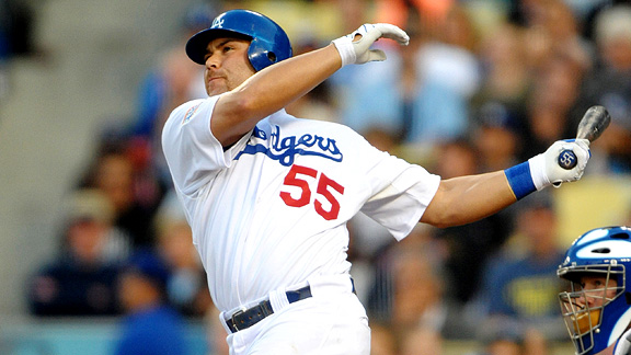 CORRECTS TO THREE-RUN TRIPLE ** Los Angeles Dodgers' Rafael Furcal watches  his three-run triple off Florida Marlins starting pitcher Josh Johnson in  the second inning of a baseball game, Saturday, Aug.