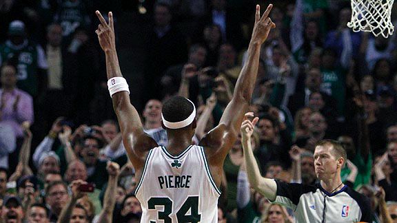 AP Photo/Michael Dwyer Paul Pierce raises his arms to salute the crowd after 