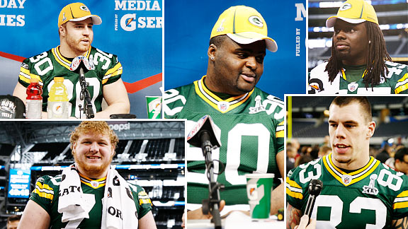 John Kuhn, B.J. Raji, Quinn Johnson, Tom Crabtree and T.J. Lang