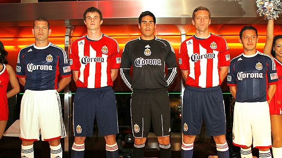 Chivas USA players on stage unveiling their new jersey