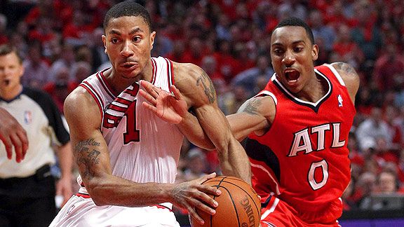 Derrick Rose, left, carried to Bulls to a Game 5 win over the Hawks, giving Chicago a 3-2 series lead.