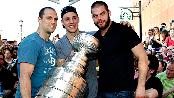 Dennis Seidenberg, Gregory Campbell and Nathan Horton