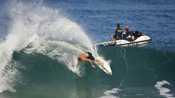 "All the talent in the world won't save them if they're a slob," says Parkinson on young surfers and work ethic. On rail, in Hawaii. -Joli