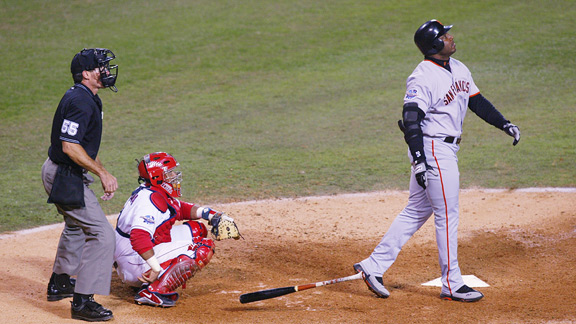 The Giants hit four home runs, but none as majestic as Barry Bonds' bomb off Troy Percival in the ninth.