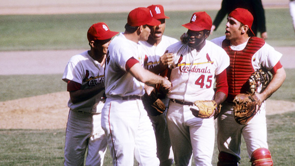 Bob Gibson struck out six and walked one in beating the Red Sox for the second of three times in the Series.