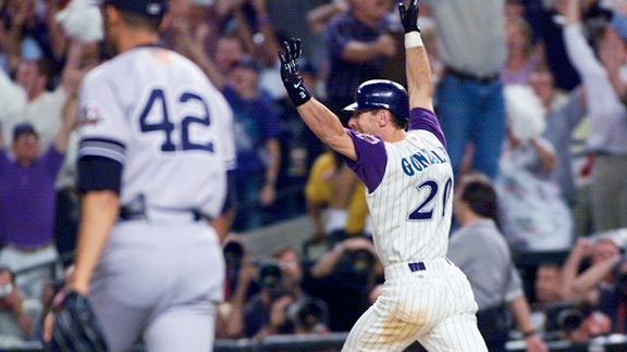 Luis Gonzalez took advantage of the Yankees' drawn-in infield to send Arizona to its first title.
