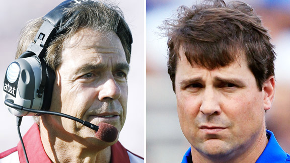 Nick Saban, left, and Will Muschamp 