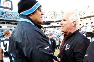Bob Donnan/US Presswire Panthers coach Ron Rivera and Falcons coach 