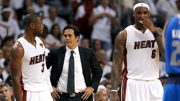 Dwyane Wade, Erik Spoelstra and LeBron James
