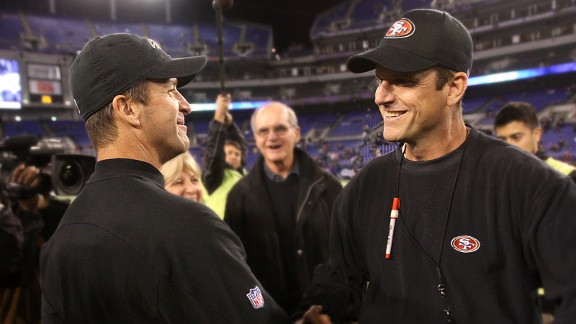 Jim Harbaugh of the San Francisco 49ers and John Harbaugh of the Baltimore Ravens