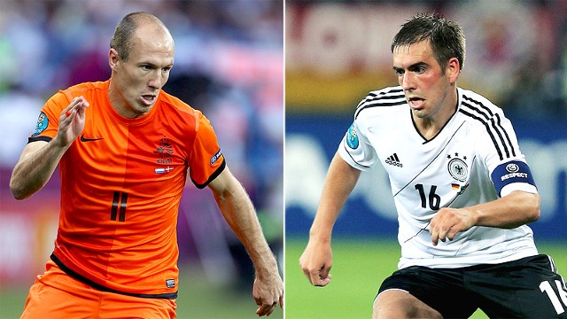 Arjen Robben and Philipp Lahm are clubmates, but come Wednesday at Metalist Stadium, they'll be squaring off against each other when the Netherlands faces Germany. </p>