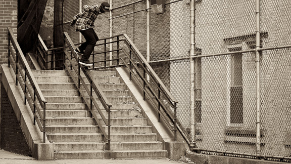 Dave Willis - back 50-50, NY, N.Y. Hopping the fence and jumping on a steep kinked rail was no big deal for N.Y. native Dave Willis.