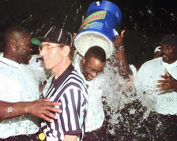 Prairie View coach Greg Johnson getting doused after his team's win