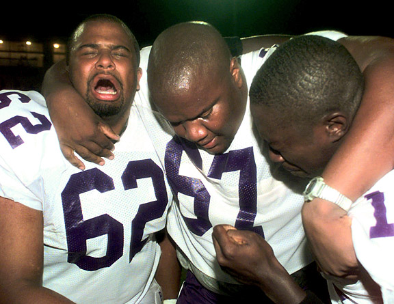 Prairie View A&M players Kevin Jefferson and Eian Preston celebrating