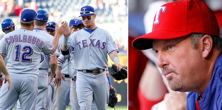 Texas Rangers' Josh Hamilton, left, is greeted by Adrian Beltre