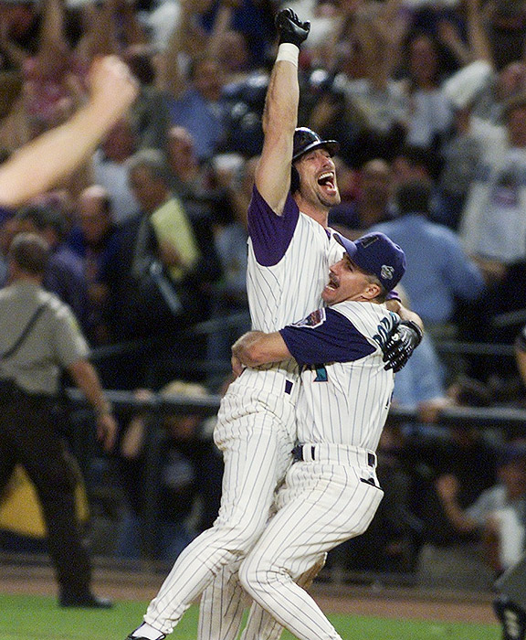 The Arizona Diamondbacks celebrate beating the New York Yankees in the 2001 World Series