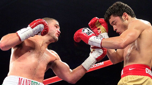Manfredo Jr in action against Chavez Jr in his second world title bout. Bob Levey/Getty Images