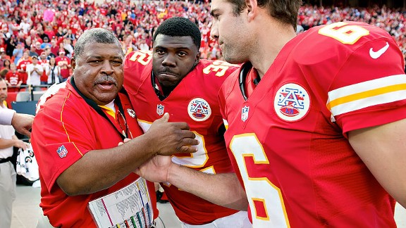 Romeo Crennel, Cyrus Gray and Ryan Succop of the Kansas City Chiefs after hteir win in the wake of the Jovan Belcher tragedy