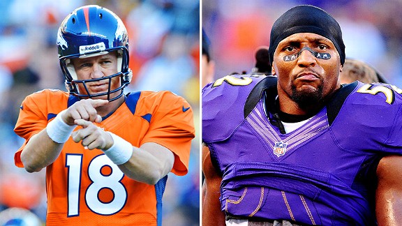Peyton Manning (left) and Ray Lewis (right) Peyton Manning (left) and Ray Lewis (right)