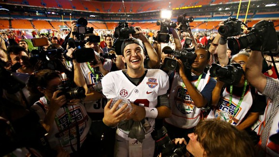 AJ McCarron of the Alabama Crimson Tide after beating the Notre Dame Fighting Irish in the BCS National Championship Game