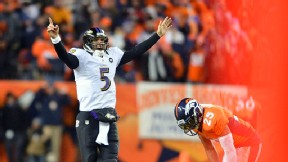 Joe Flacco of the Baltimore Ravens against the Denver Broncos