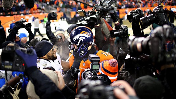 Ray Lewis of the Baltimore Ravens and Peyton Manning of the Denver Broncos