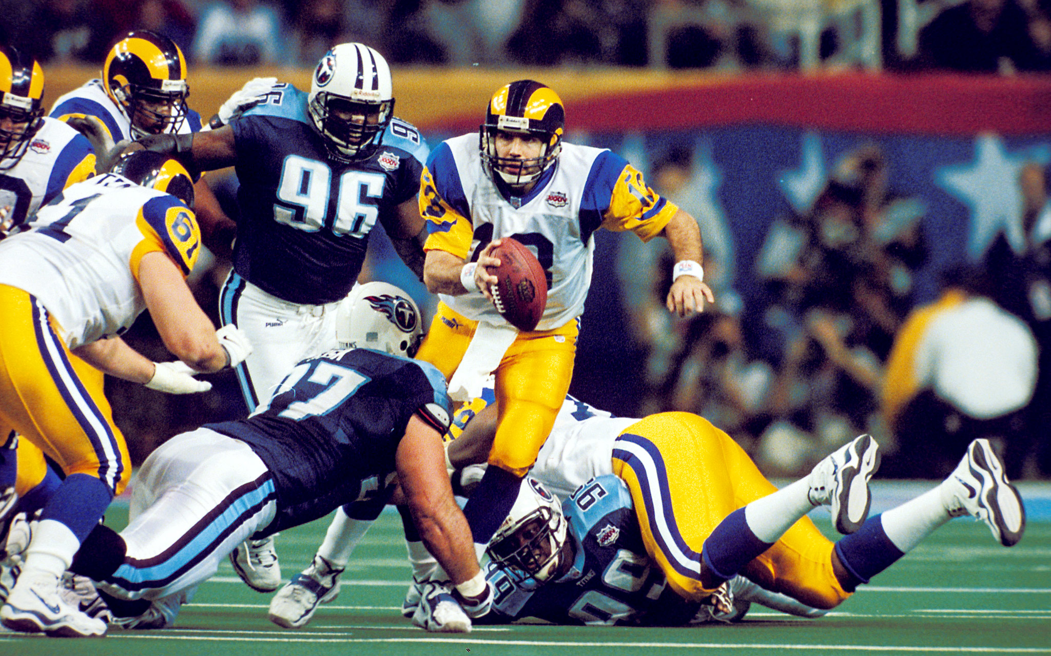 Kurt Warner Super Bowl Xxxiv 2445 414 Yards 2 Tds Mike And Mikes Best Qb Performances Of 5099