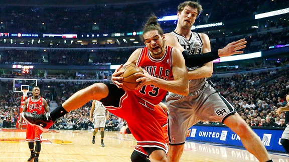 Joakim Noah of the Chicago Bulls and Tiago Splitter of the San Antonio Spurs