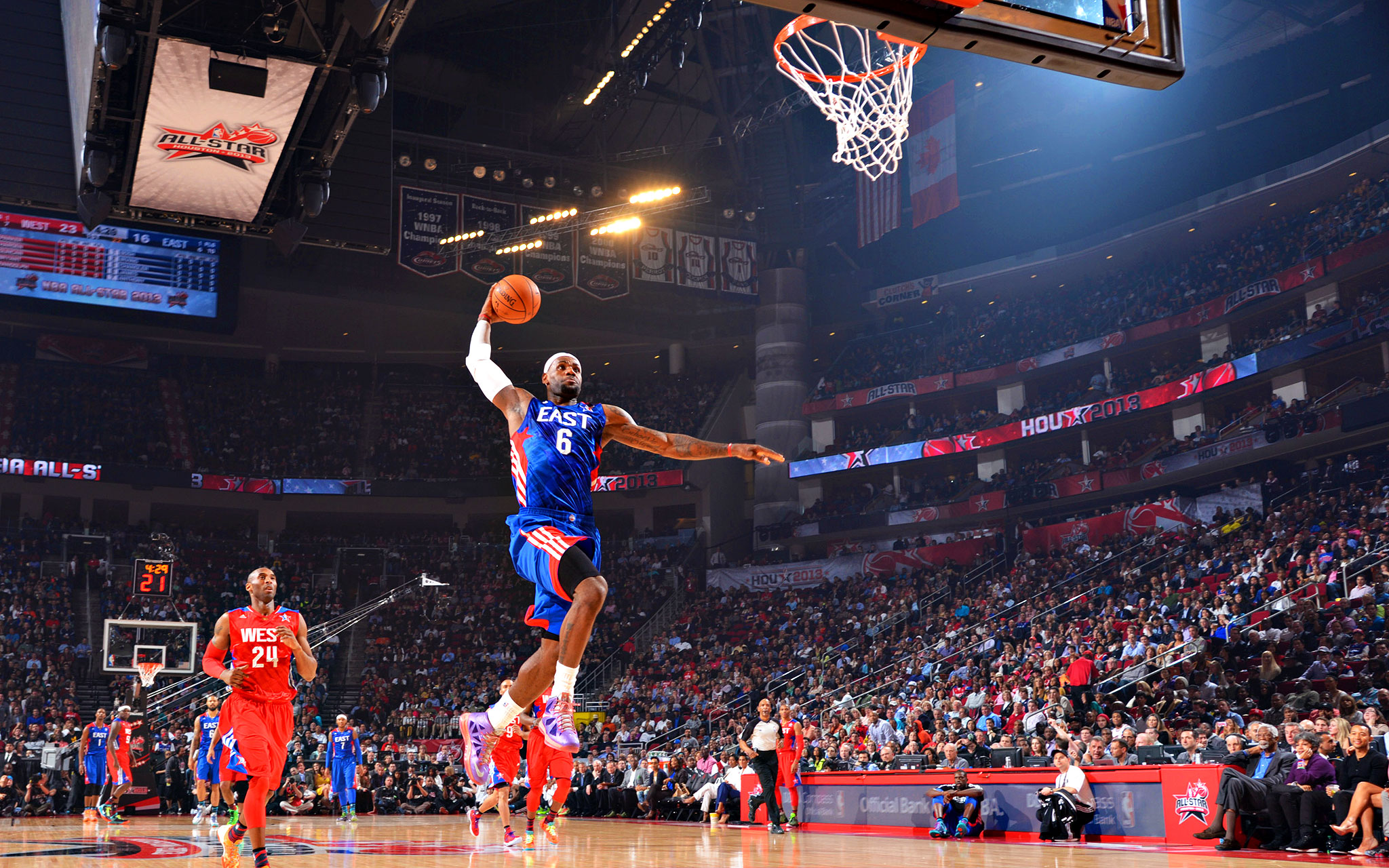 LeBron with the monster breakaway dunk at the 2013 All-Star Game with Kobe trailing ...2048 x 1280