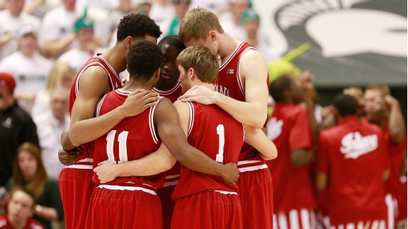 February 19: Jordan Hulls #1, Cody Zeller #40, Victor Oladipo #4, Christian Watford #2 and Kevin Ferrell #11 of the Indiana Hoosiers prepare to take the court against the Michigan State Spartans at the Jack T. Breslin Student Events Center on February 19,