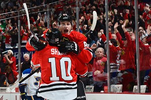 Patrick Kane with teammate Patrick Sharp